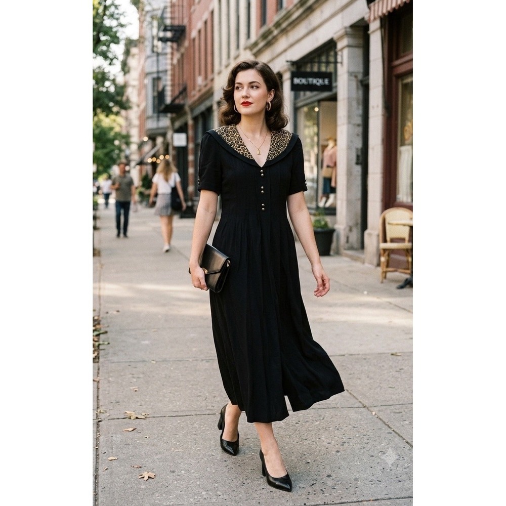 Vtg 80s 90s J.B.S.‎ Ltd Black Dress Leopard Print Collar Pleated Midi Petite 12P